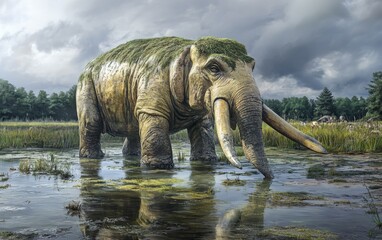 Fototapeta premium A Platybelodon individual lowers its massive, shovel-like lower jaw to drink from the serene, mirror-like surface of forest watering hole, its wrinkled skin and imposing presence commanding attention.