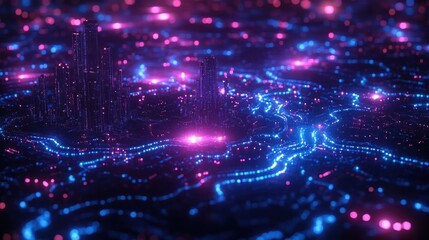 Obraz premium 3D futuristic landscape with glowing blue and purple data points and interconnected lines representing big data flow
