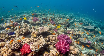 Obraz premium Vibrant underwater coral reef with colorful fish and diverse marine life, ideal for ocean and nature themes