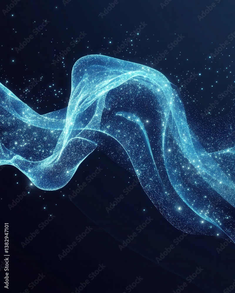Poster ethereal blue wave of sparkling particles on a dark background creating a dreamy and abstract visual