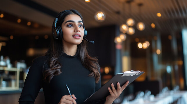 An Indian woman with a headset and clipboard stands in a stylish conference room inside a fine-dining restaurant, coordinating with the catering team