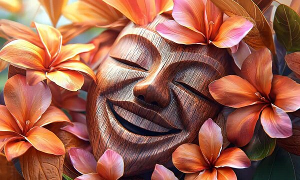 Smiling wooden mask surrounded by beautiful flowers. Tropical vibe with rich warm colors. Carving and nature art blend