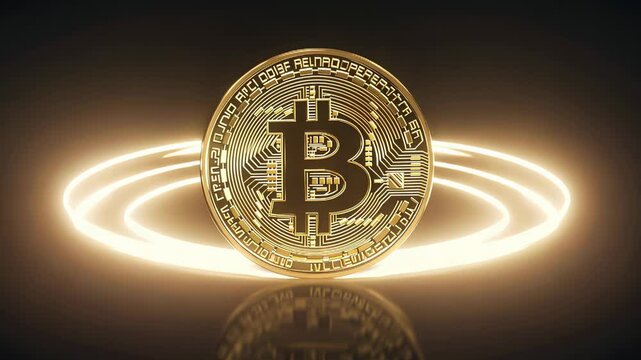 Glowing bitcoin emerges with rotating light effects in a dark setting, highlighting cryptocurrency growth and digital finance trends in high definition