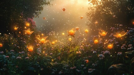 Magical glowing flowers illuminate enchanted forest.