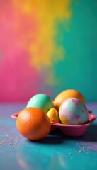 Colorful eggs on a table set against a bright, multicolored background, arrangement, table