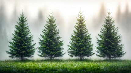 Obraz premium Foggy forest with four evergreen trees. Peaceful morning scene. Background use