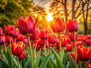 Obraz premium Golden hour bathes vibrant red tulips in warm light, capturing spring's fiery bloom.