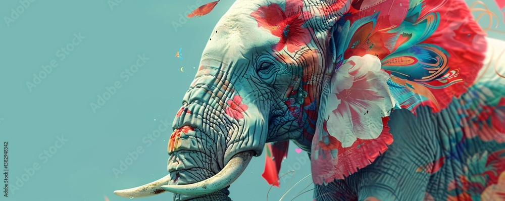 Poster elephant adorned with a vibrant floral pattern gazes forward against a serene blue backdrop