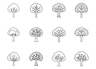 set of trees line art vector illustration on white background