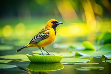 Naklejka premium Vintage Photo: Yellow Bird on Pond Leaf - Nature Wildlife