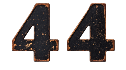 Number 44 weathered, vintage, rustic, old, black, grunge, isolated, cut out transparent
