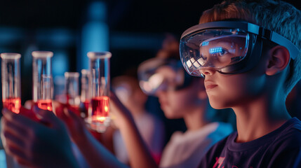 Children in a high-tech learning hub using augmented reality headsets to conduct virtual chemistry experiments, safely mixing glowing substances in mid-air