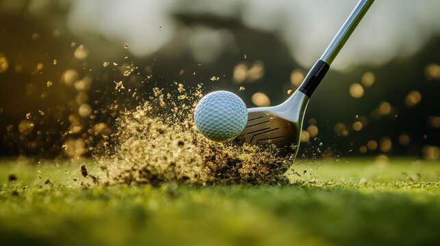 A close-up of a golf club striking a ball, captured mid-motion with a spray of grass and dirt.