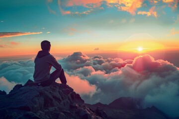 Obraz premium Sitting on a mountain peak, a person enjoys a breathtaking sunset above the clouds in a tranquil setting