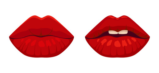 Red female lips Vector illustration of closed and semi-open lips, concept of love, sexuality and beauty. Isolated on white background