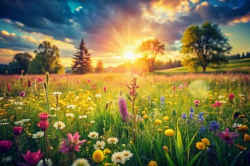 Obraz premium Vintage Spring Meadow: Lush Green Grass, Vibrant Leaves, Sunny Sky