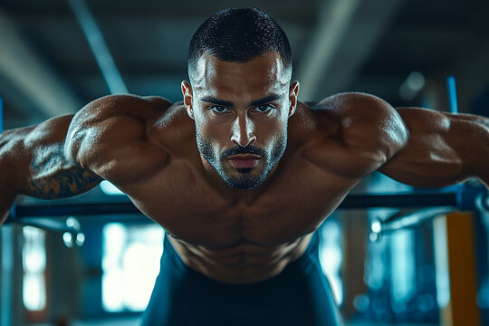 Muscular man doing dips on parallel bars with intense focus, set in a gym environment, captured in ultra realistic detail, highlighting strength and determination.

