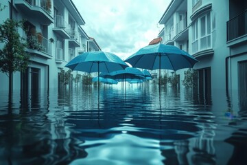 Obraz premium House covered with blue umbrella to protect it from rain and storm. Concept of home insurance. Ai generative