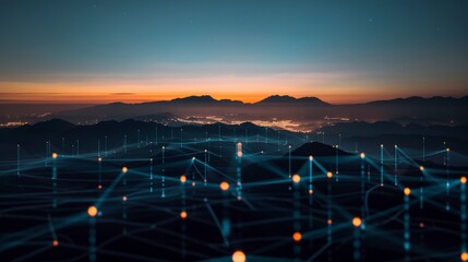 Digital network lines glowing at sunset over a valley, merging natural landscapes with futuristic AI-inspired connections and data visualization.