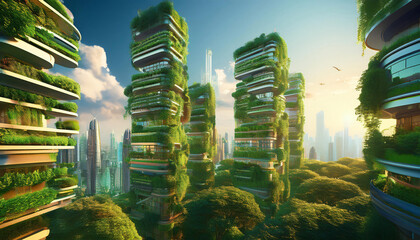 Obraz premium High-Tech Vertical Gardens – A cityscape with skyscrapers