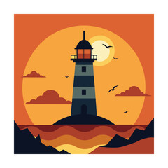 Colorful Lighthouse at Sunset Over the Ocean