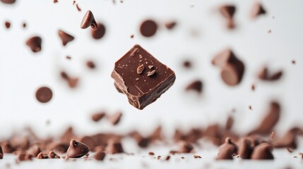 Decadent Chocolate Chunk and Chips Suspended in Midair Against a Clean White Background Delicious and Tempting