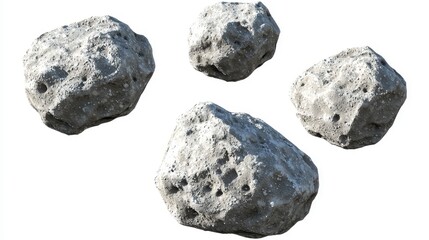 Fototapeta premium Four gray rocks on a white background, possible use for nature, space, or educational resources