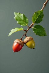 Obraz premium Branch with acorns isolated on gray background, forest, isolated, gray