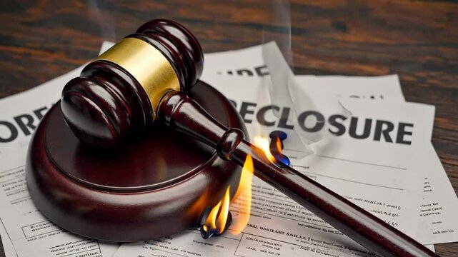 Legal documents in flames: gavel and foreclosure papers burning, symbolizing justice, conflict, and financial crisis