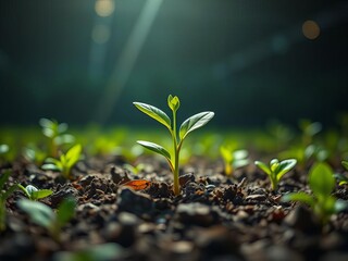 tree stands amidst glowing digital lines on a dark surface, symbolizing nature meets technology. 