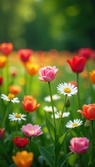 Fototapeta premium Daisies and roses in a lush green meadow with tulips, gardens, outdoor scene