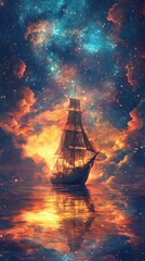 Majestic ship sails cosmic ocean sunset