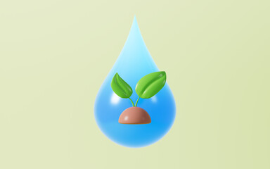 A little tree and water drop, concept of ecology and world water day ,save water. 3d rendering.