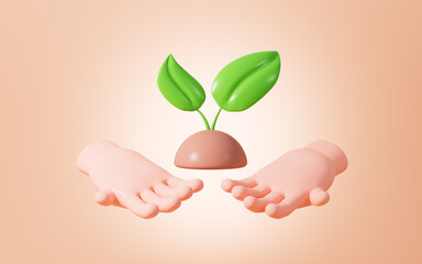 Hands support the soil with a little tree, Concept of environmental protection, 3d rendering.