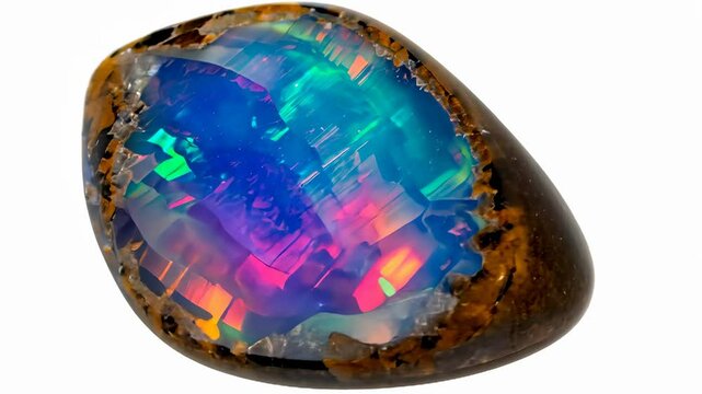 Mesmerizing rotation of iridescent opal gemstone reflecting vibrant colors in dynamic light play