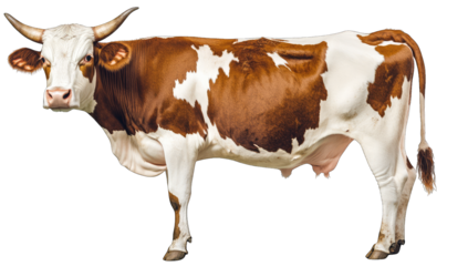 a brown and white cow stands side-on showcasing its distinctive