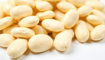 Close-up of dry white beans on white background, beans, harvest, white background