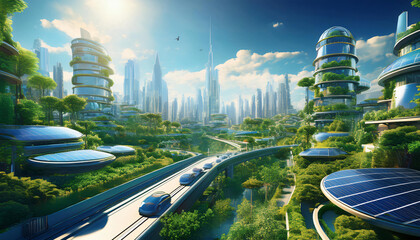 Solar-Powered Smart City – A futuristic city with buildings covered in solar panels and smart roads