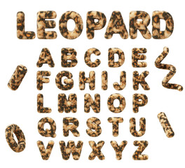 3d leopard text, alphabet with wild african cat skin print. Font letters of cheetah fur with spotted pattern. Abstract geometric shapes with hairy animal texture, isolated render set. 3D illustration