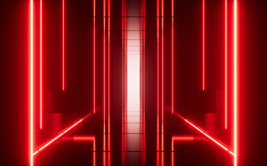 Red neon tunnel and light background, abstract and technology concept, 3d rendering.