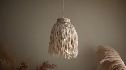 A pendant light fixture hangs from a ceiling in a room