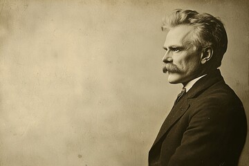 Profile of a distinguished man with a mustache, featuring a contemplative expression and vintage style.