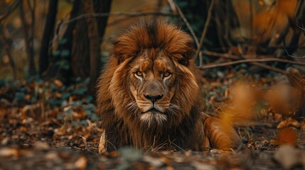 Fototapeta premium Magnificent lion resting in its natural habitat, its intense gaze captivating the viewer