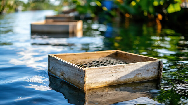 Wooden fish cages floating on calm water, surrounded by lush greenery, create serene and tranquil atmosphere - Powered by Adobe