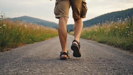 A detailed view of legs in motion, captured mid-step on a quiet road with soft shadows.