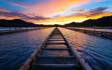 Obraz premium serene sunset reflecting on tranquil fish farm, with wooden pathways leading into vibrant horizon