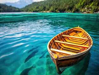 Obraz premium traditional wooden rowboat floats serenely clear turquoise water, surrounded by lush greenery and mountains, evoking