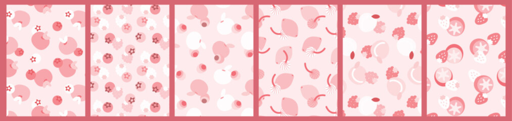 Collection of abstract fruit pattern. Flat design simple food background. Strawberry, lemon, peach and kiwi. Trendy design for brand design, cover, packaging, t shirt.