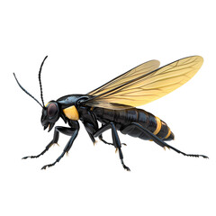 Detailed Close-Up of a Black and Yellow Insect With Delicate Wings, Showcasing Natural Beauty and Intricate Features Common in Various Ecosystems