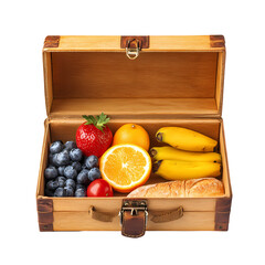 Fresh Fruits and Bakery Items Arranged in a Wooden Box Showcasing a Healthy Picnic Selection for Outdoor Enjoyment